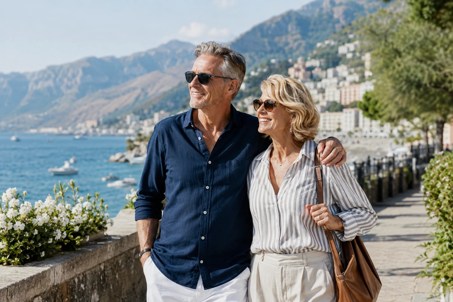 A couple walking a seaside promenade on a bright day