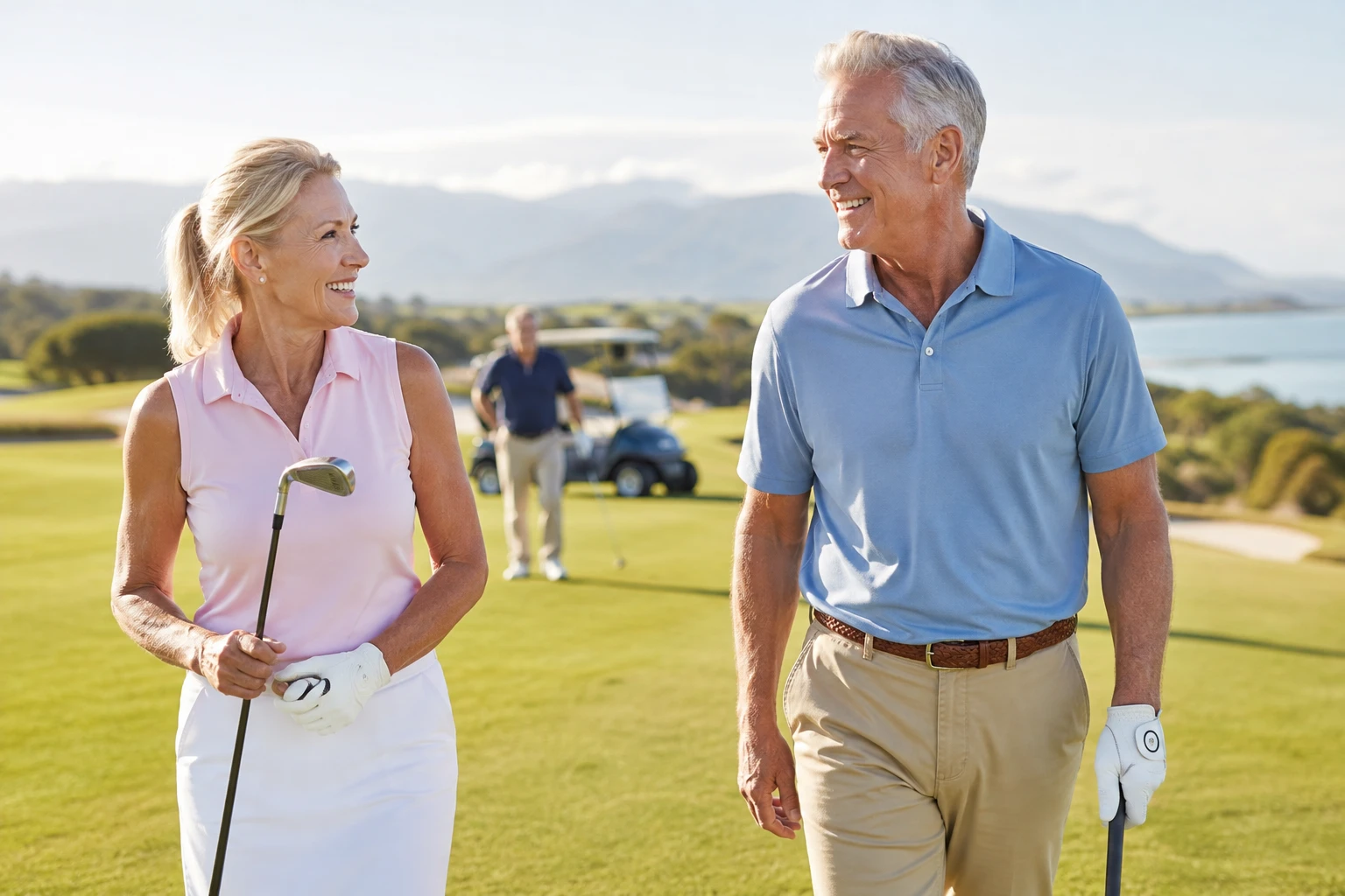 A couple walking a coastal golf course, clubs in hand